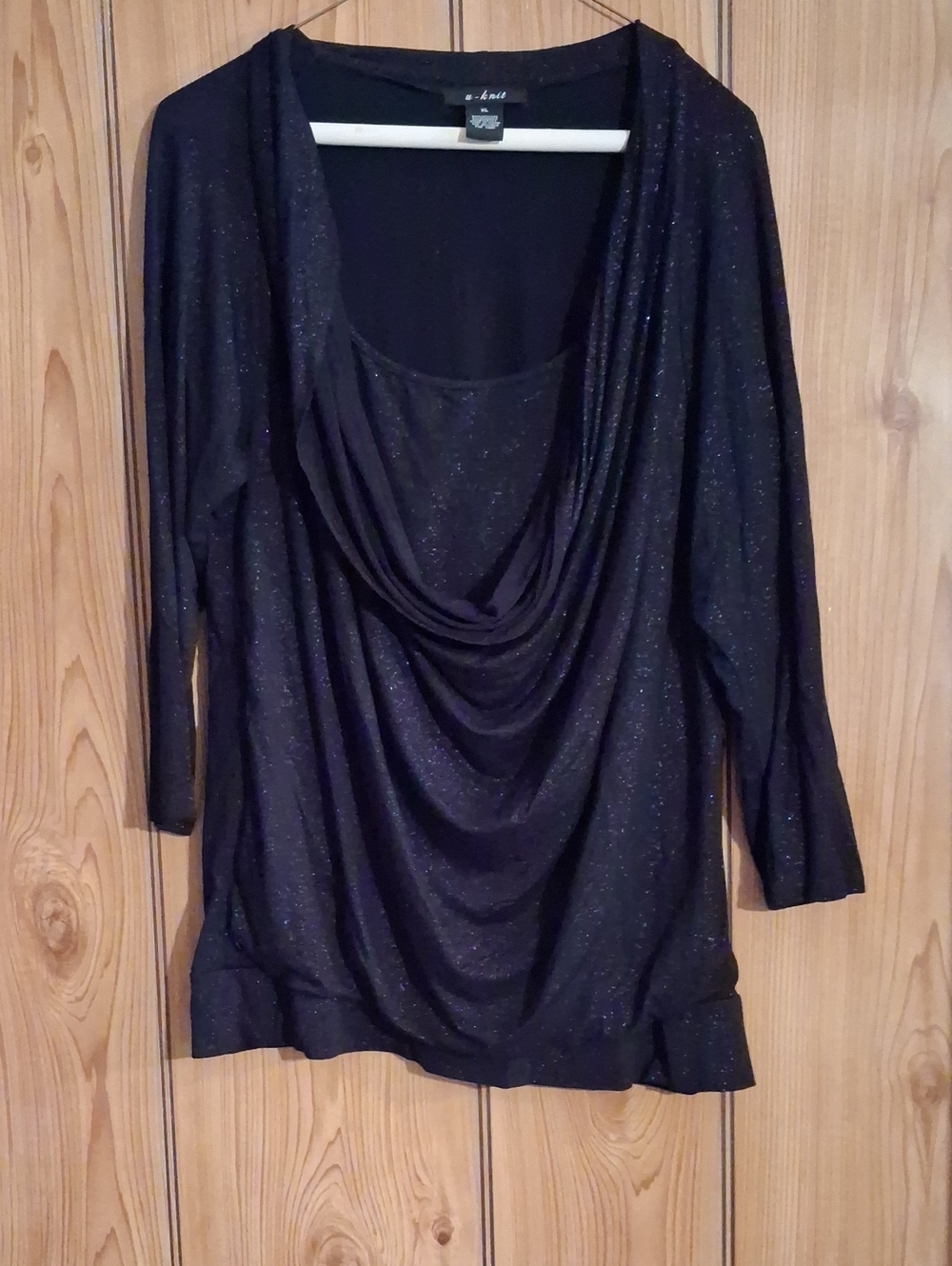 A.n.a Black Sparkle Drape Neck Long Sleeve Top